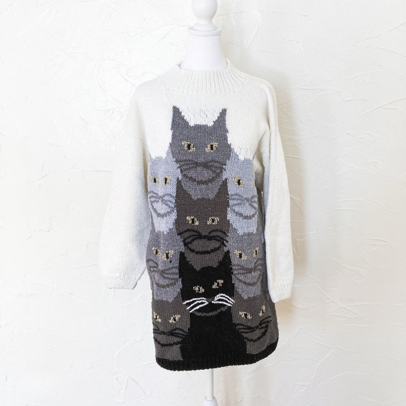 80s Amazing Cat Hand Knit Sweater with Tails on Back in White Black Gray Metallic Gold Large/Extra Large image 1