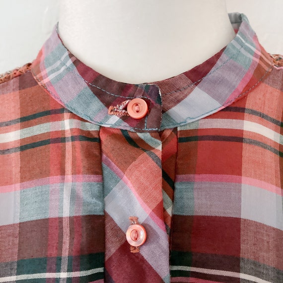 70s/80s Pink, Brown, Orange, Blue Plaid Cotton Bl… - image 5