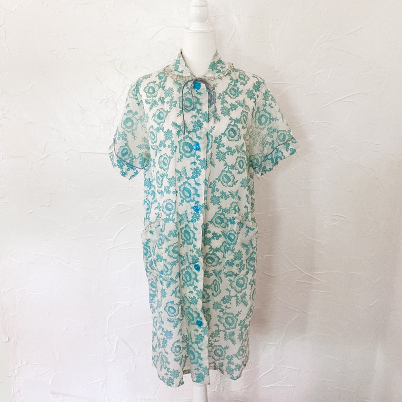 50s Cream and Blue Floral Nylon House Dress Robe Nightgown Large/Extra Large image 1