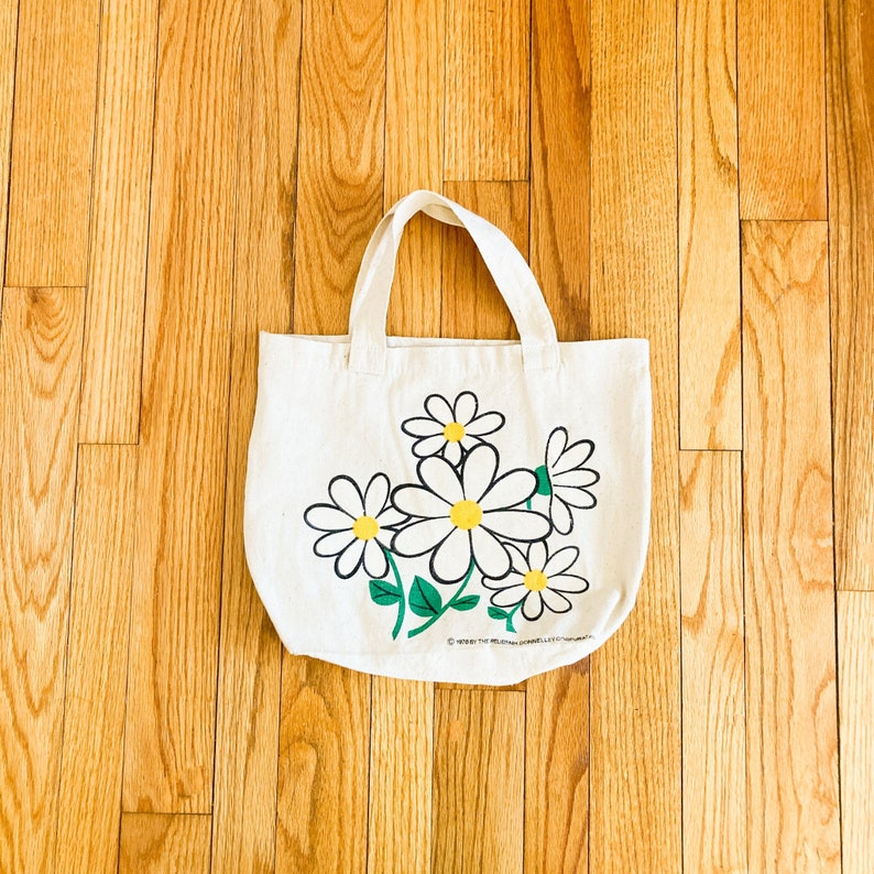 70s Daisy Print Flax Canvas Tote Bag image 1