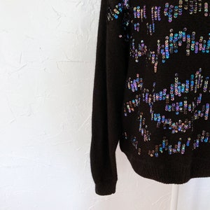 80s Iridescent Sequined Embellished Glam Black Silk Long Sleeve Silk Angora Sweater Large/Extra Large image 7