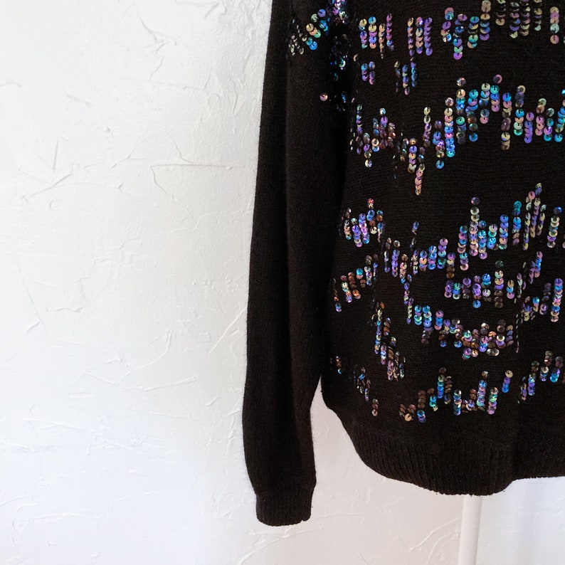 80s Iridescent Sequined Embellished Glam Black Silk Long Sleeve Silk Angora Sweater Large/Extra Large image 7