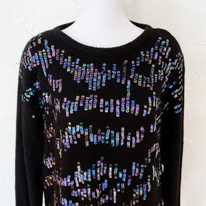 80s Iridescent Sequined Embellished Glam Black Silk Long Sleeve Silk Angora Sweater Large/Extra Large image 3