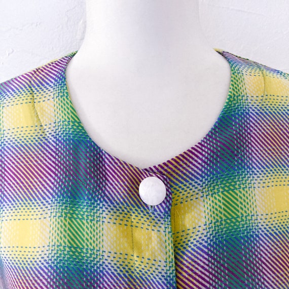 80s Sheer Chiffon Plaid Blouse with Buttons | Lar… - image 4