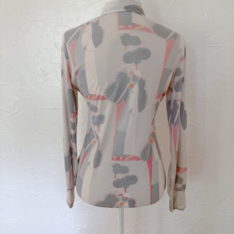70s Nylon Collared Bodysuit with Art Deco Novelty Print Medium/Large image 2