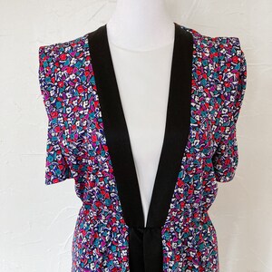 80s Abstract Floral Confetti Print Puff Sleeve Peplum Midi Dress Medium image 3