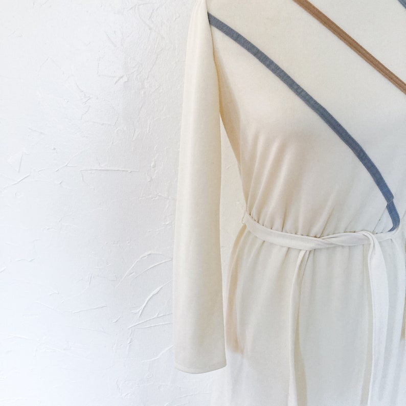 70s/80s Cream Blue and Tan Striped Belted Dress Small image 4