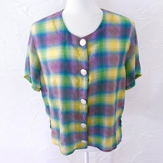 80s Sheer Chiffon Plaid Blouse with Buttons | Lar… - image 1