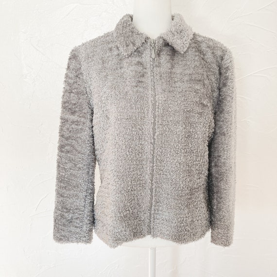 80s/90s Metallic Silver Gray Fuzzy Zip Up Collare… - image 1