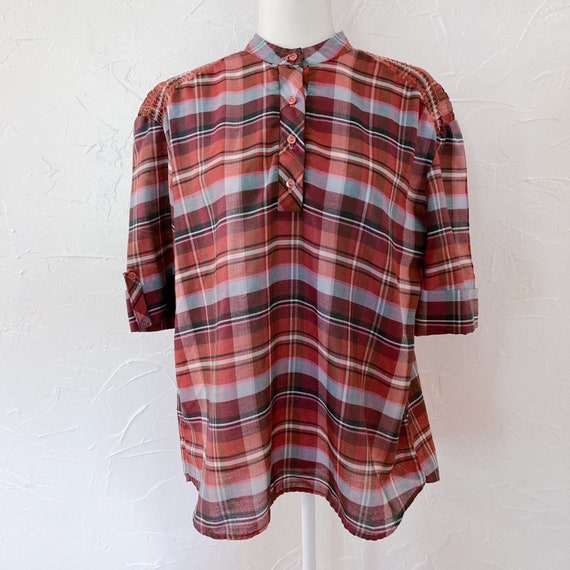 70s/80s Pink, Brown, Orange, Blue Plaid Cotton Bl… - image 1