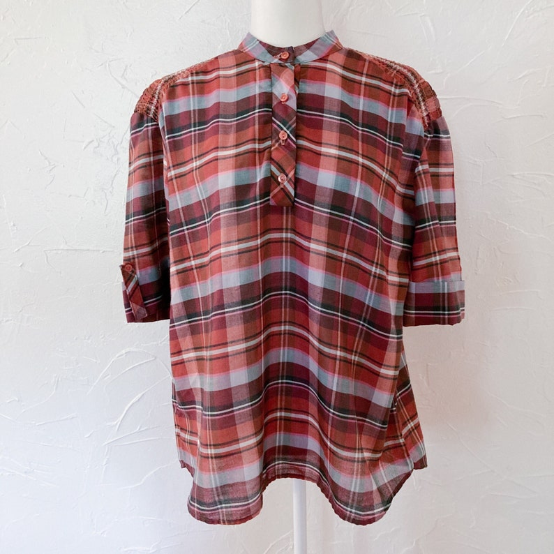 70s/80s Pink, Brown, Orange, Blue Plaid Cotton Blouse Extra Large/2XL image 1