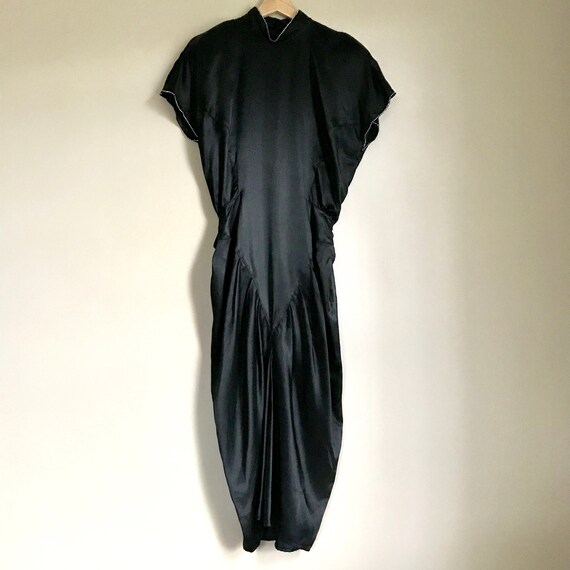 80s Does 40s Black Liquid Satin Dress with Rhinest