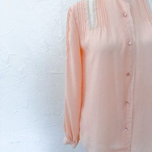 70s Victorian Inspired Light Peach Pink Lace Mock Collar Blouse Medium image 7