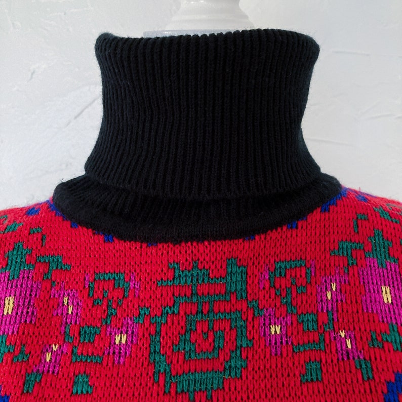 90s Black Colorful Bold Floral Turtleneck Sweater Medium/Large image 4