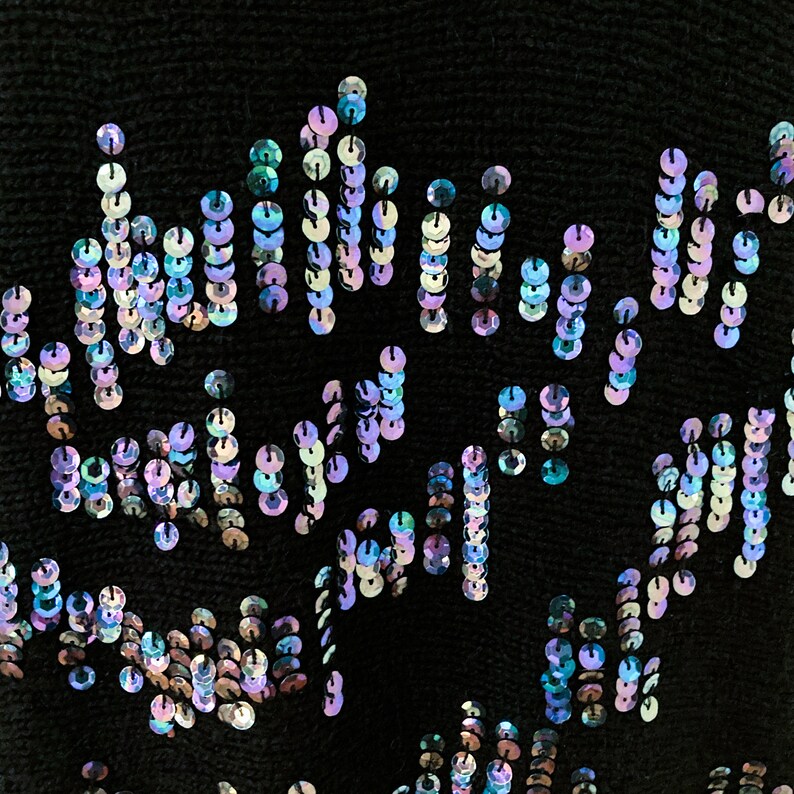 80s Iridescent Sequined Embellished Glam Black Silk Long Sleeve Silk Angora Sweater Large/Extra Large image 9