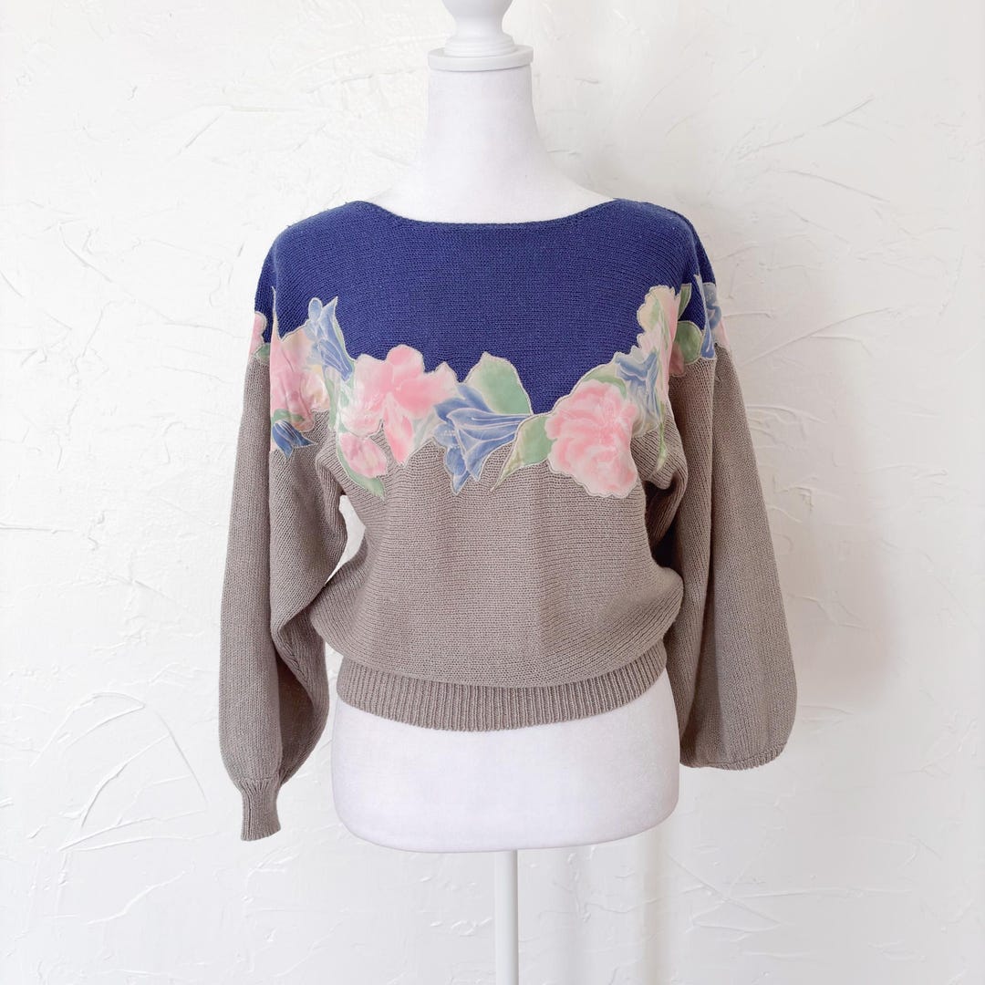 80s Colorblock Printed Floral Collage Pullover Blue Gray Sweater ...
