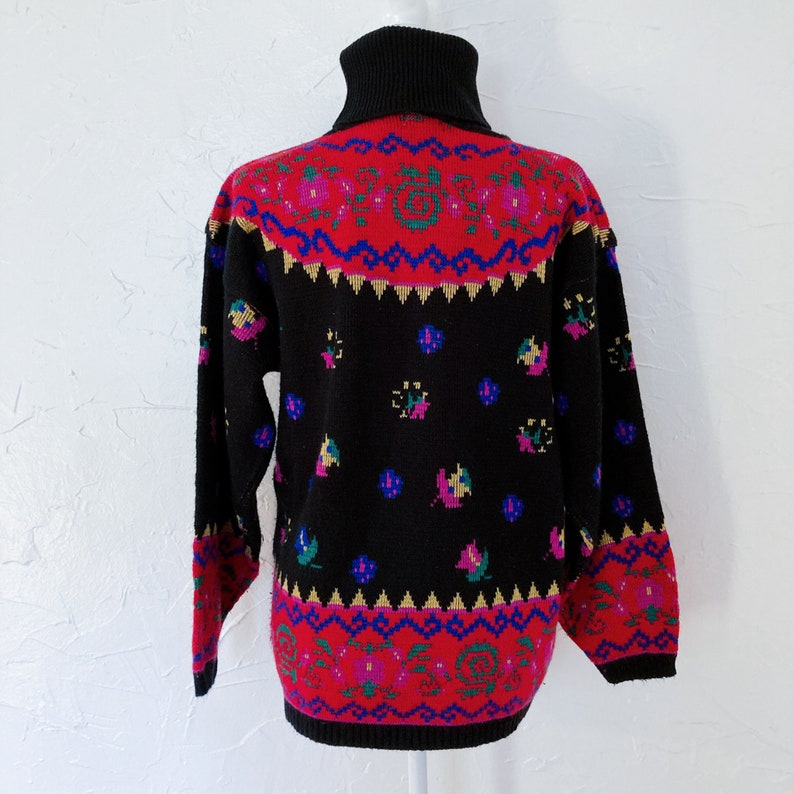 90s Black Colorful Bold Floral Turtleneck Sweater Medium/Large image 2