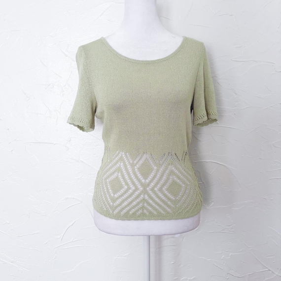 Giorgio Armani, 90s Giorgio Armani Silk Light Green Yellow Crochet Knit Short Sleeve Top | Small/Medium