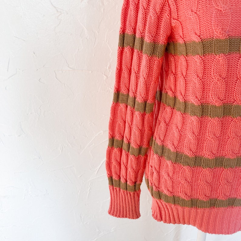 80s Designer Oscar de la Renta Coral Pink and Tan Striped Cable Knit Pullover Sweater Medium/Large image 7