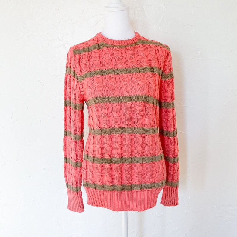80s Designer Oscar de la Renta Coral Pink and Tan Striped Cable Knit Pullover Sweater Medium/Large image 1