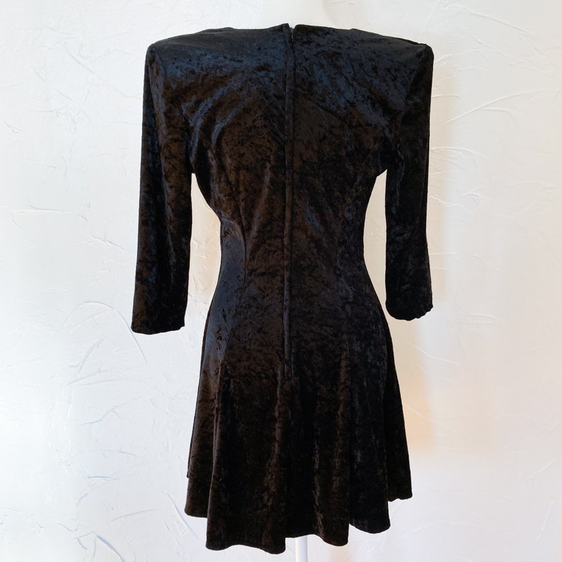 80s Black Crushed Velvet Skater Fit and Flare Dress Small/Medium image 2