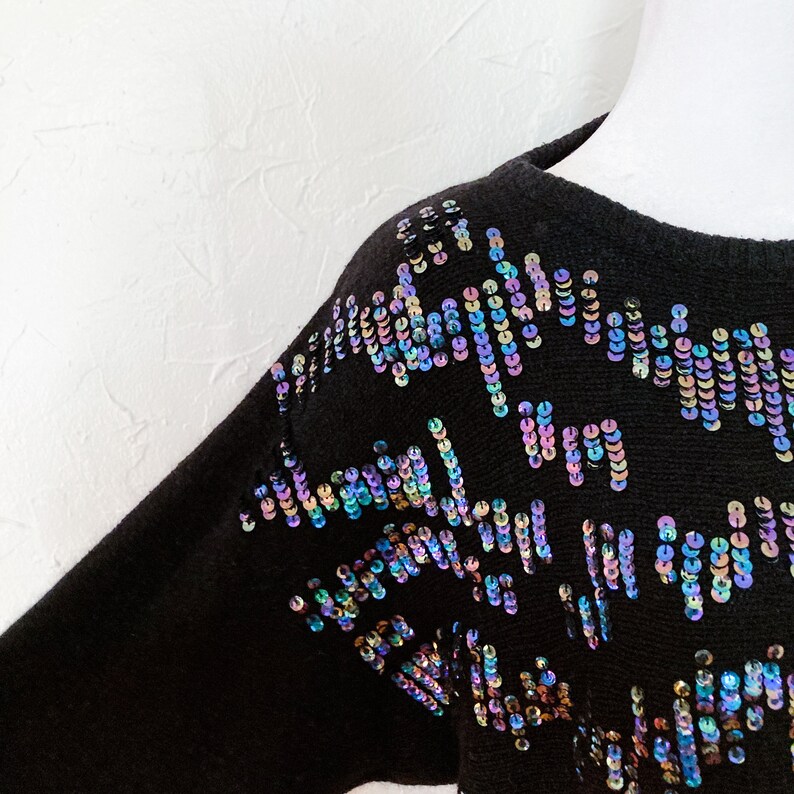 80s Iridescent Sequined Embellished Glam Black Silk Long Sleeve Silk Angora Sweater Large/Extra Large image 6