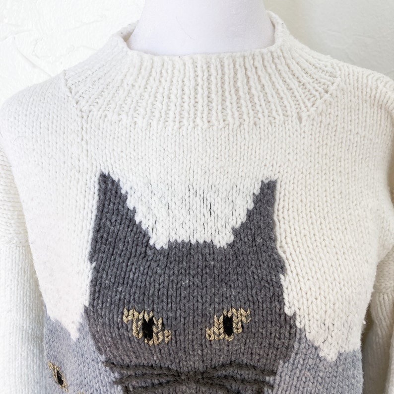 80s Amazing Cat Hand Knit Sweater with Tails on Back in White Black Gray Metallic Gold Large/Extra Large image 5