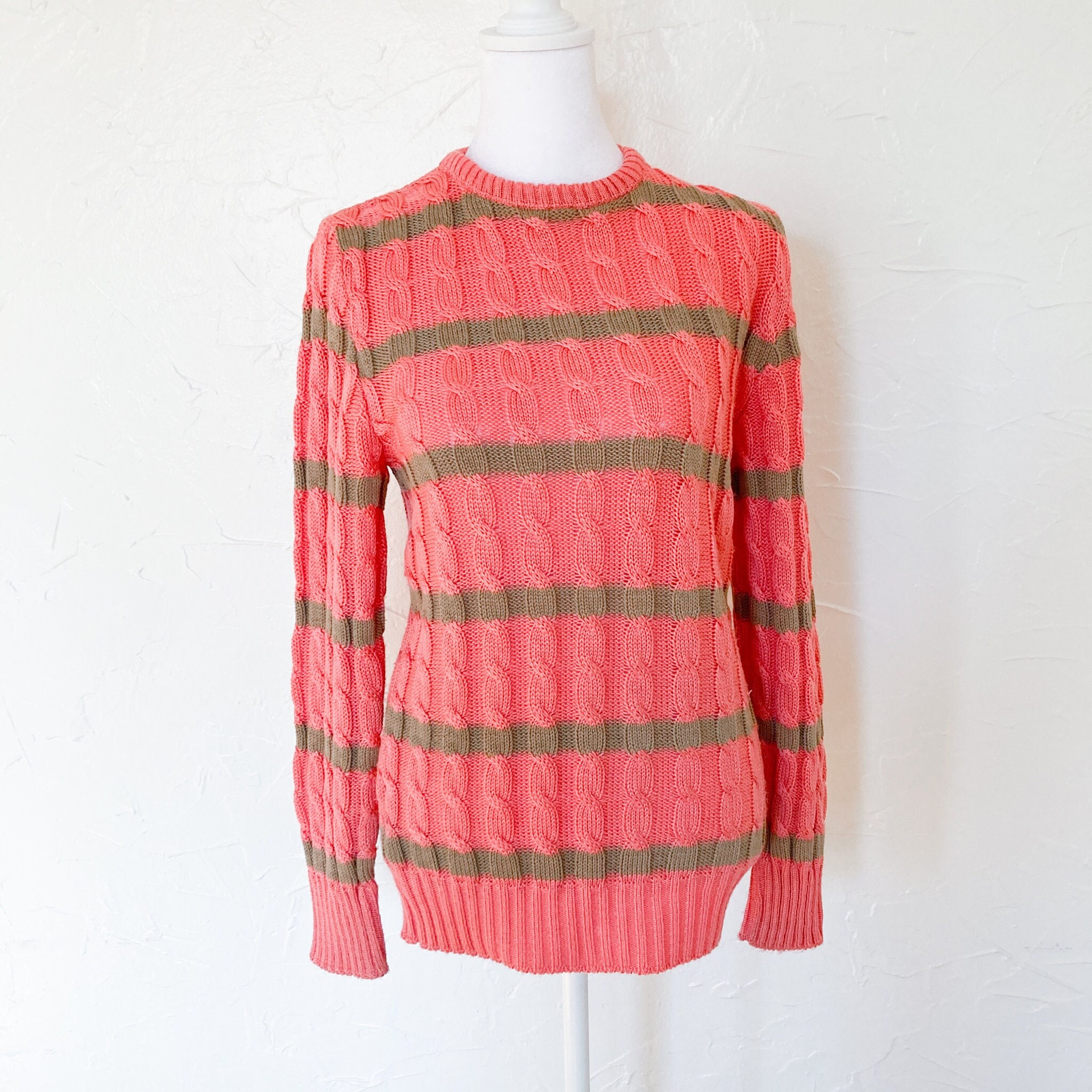 Oscar de la Renta, Vintage Oscar de la Renta Cable Knit Sweater: Coral Pink Striped Pullover