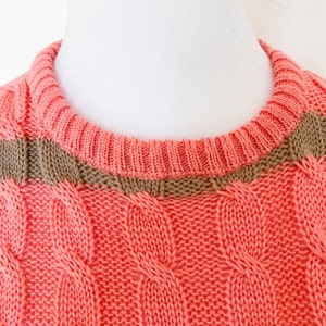 80s Designer Oscar de la Renta Coral Pink and Tan Striped Cable Knit Pullover Sweater Medium/Large image 5