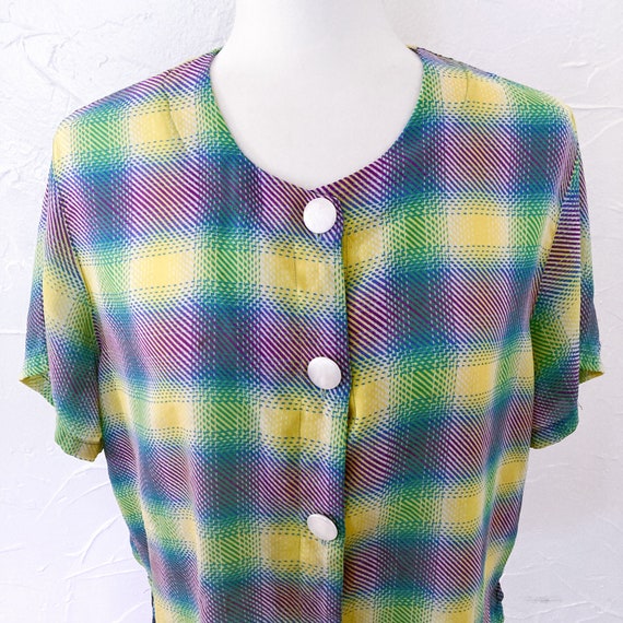 80s Sheer Chiffon Plaid Blouse with Buttons | Lar… - image 3