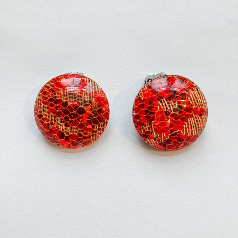 50s Lucite Red and Gold Confetti Clip-on Earrings image 1