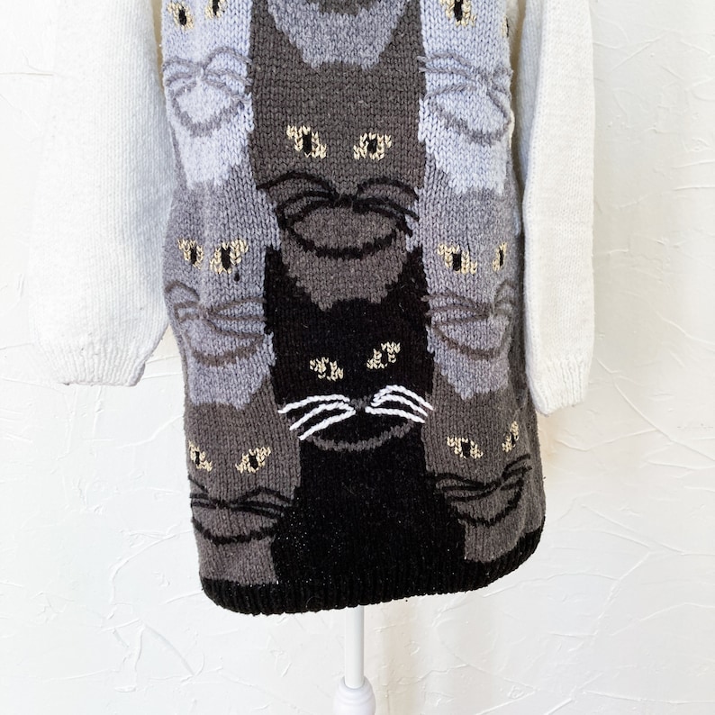 80s Amazing Cat Hand Knit Sweater with Tails on Back in White Black Gray Metallic Gold Large/Extra Large image 4