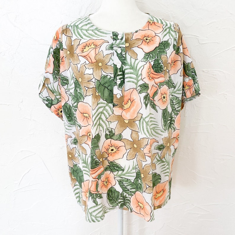 80s Tropical White Green Orange Yellow Floral Blouse 1X/2X image 1