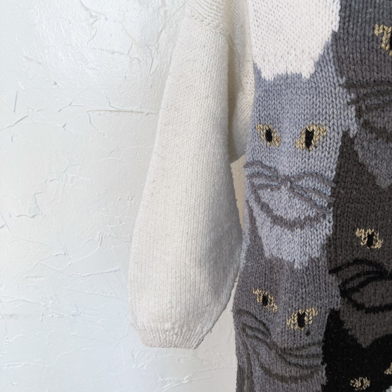 80s Amazing Cat Hand Knit Sweater with Tails on Back in White Black Gray Metallic Gold Large/Extra Large image 8