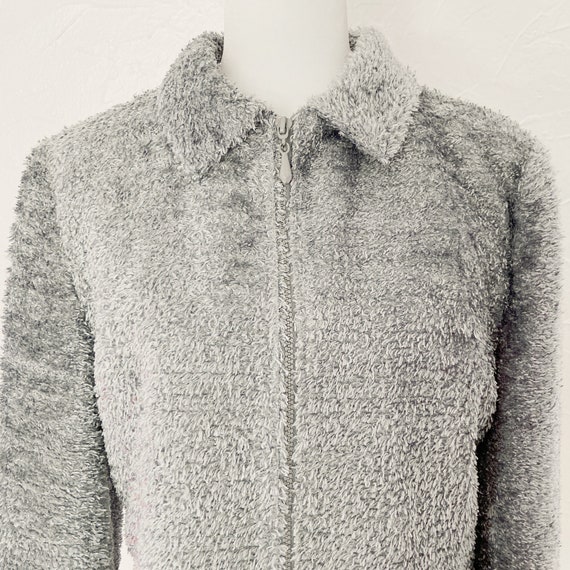 80s/90s Metallic Silver Gray Fuzzy Zip Up Collare… - image 3