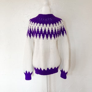 70s Two Toned White Purple Hand Knit Chunky Warm Fair Isle Sweater Medium/Large image 2