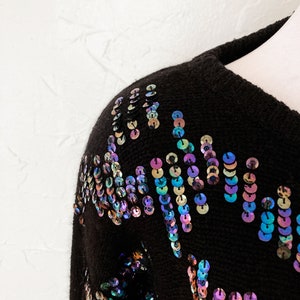 80s Iridescent Sequined Embellished Glam Black Silk Long Sleeve Silk Angora Sweater Large/Extra Large image 5