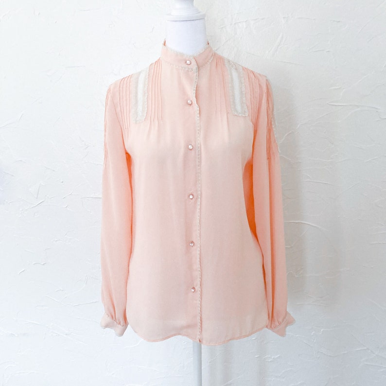 70s Victorian Inspired Light Peach Pink Lace Mock Collar Blouse Medium image 1