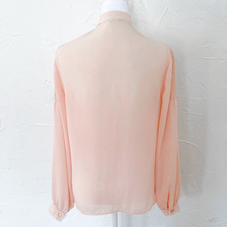 70s Victorian Inspired Light Peach Pink Lace Mock Collar Blouse Medium image 2