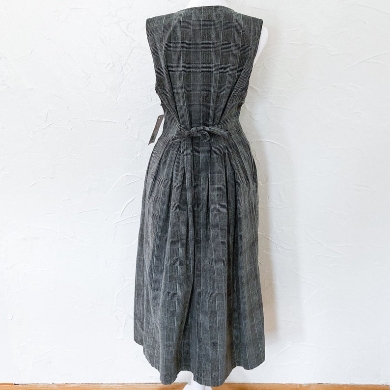 80s/90s Deadstock Gray Plaid Corduroy Black Collared Pinafore Midi Dress Medium/Large image 2