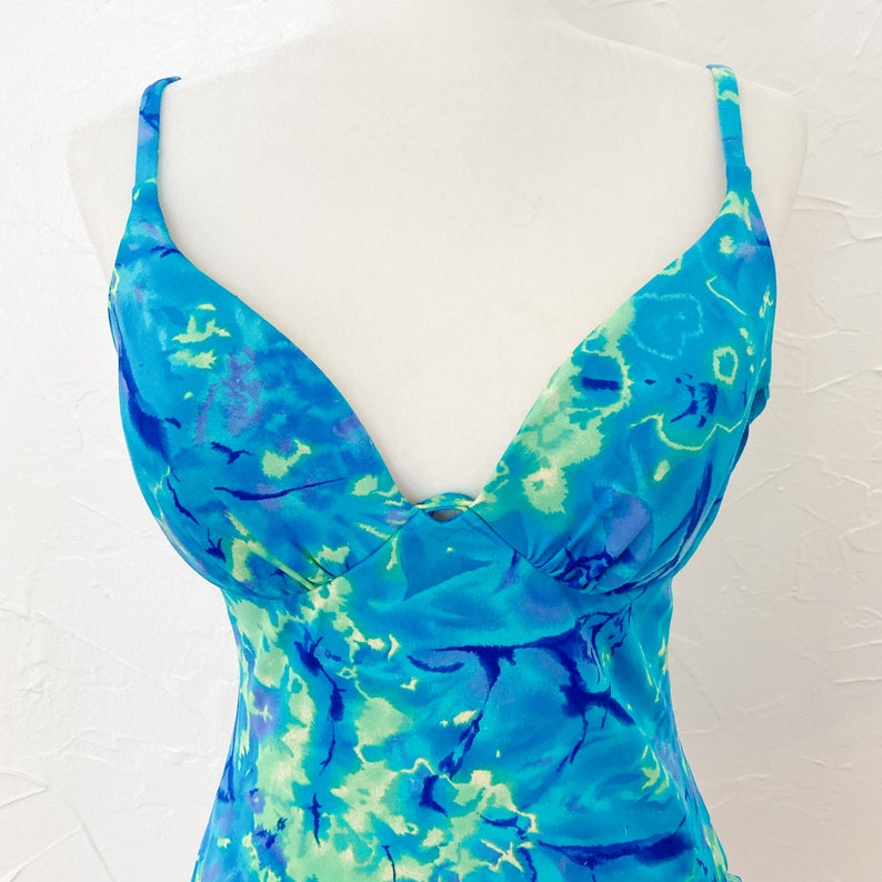 80s Green Blue Turquoise Swirl Tie Dye One Piece High Cut Swimsuit Medium/Large image 3