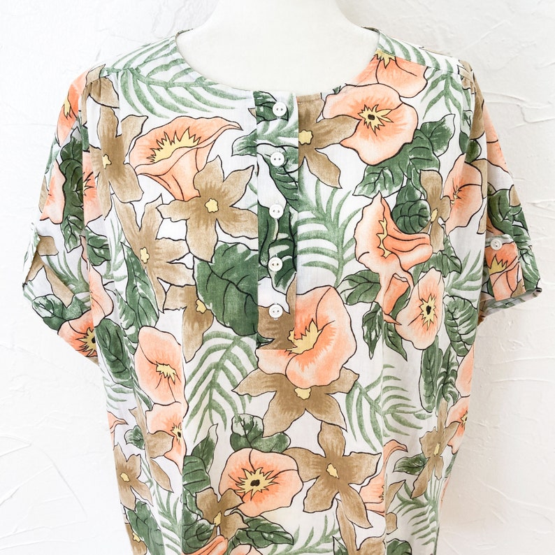 80s Tropical White Green Orange Yellow Floral Blouse 1X/2X image 3