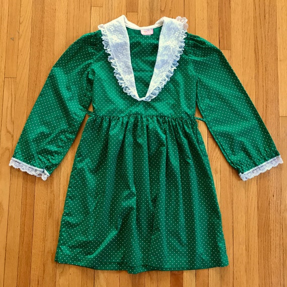 Girls Green & White Printed Cotton Dress with Polka Dot Ruffle Hem