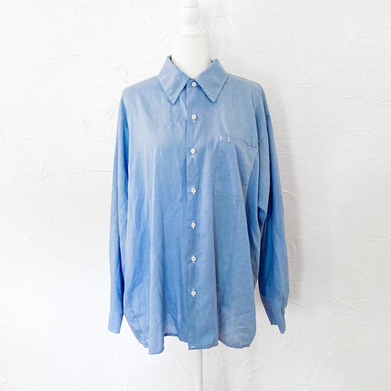 60s/70s Light Blue Chambray Collared Button Down … - image 1