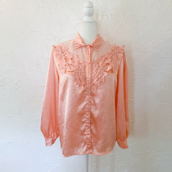 80s Peach Liquid Satin Floral Beaded Cutout Colla… - image 1