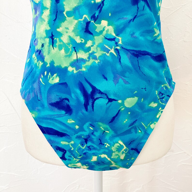 80s Green Blue Turquoise Swirl Tie Dye One Piece High Cut Swimsuit Medium/Large image 4