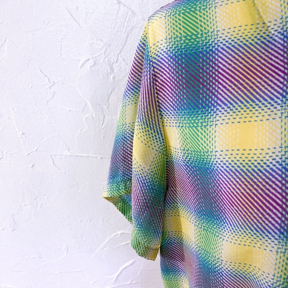 80s Sheer Chiffon Plaid Blouse with Buttons | Lar… - image 6