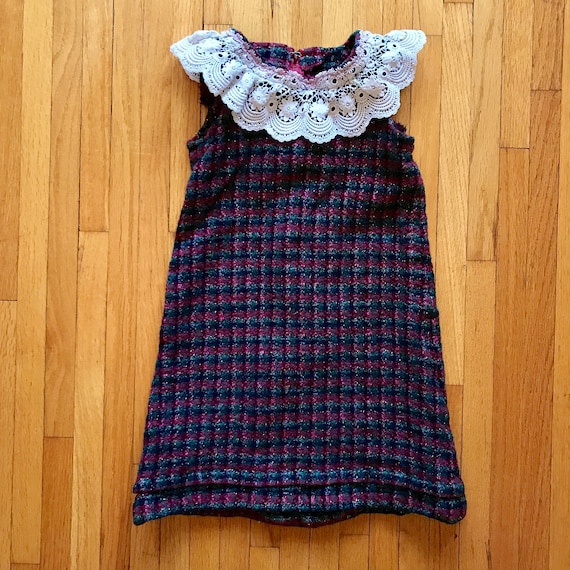 60s Kids Red Green Black and Gold Tweed Dress | Size 4T 60s Kids Red Green Black and Gold Tweed Dress | Size 4T