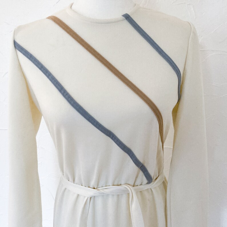 70s/80s Cream Blue and Tan Striped Belted Dress Small image 3
