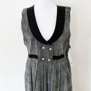 80s/90s Deadstock Gray Plaid Corduroy Black Collared Pinafore Midi Dress Medium/Large image 3